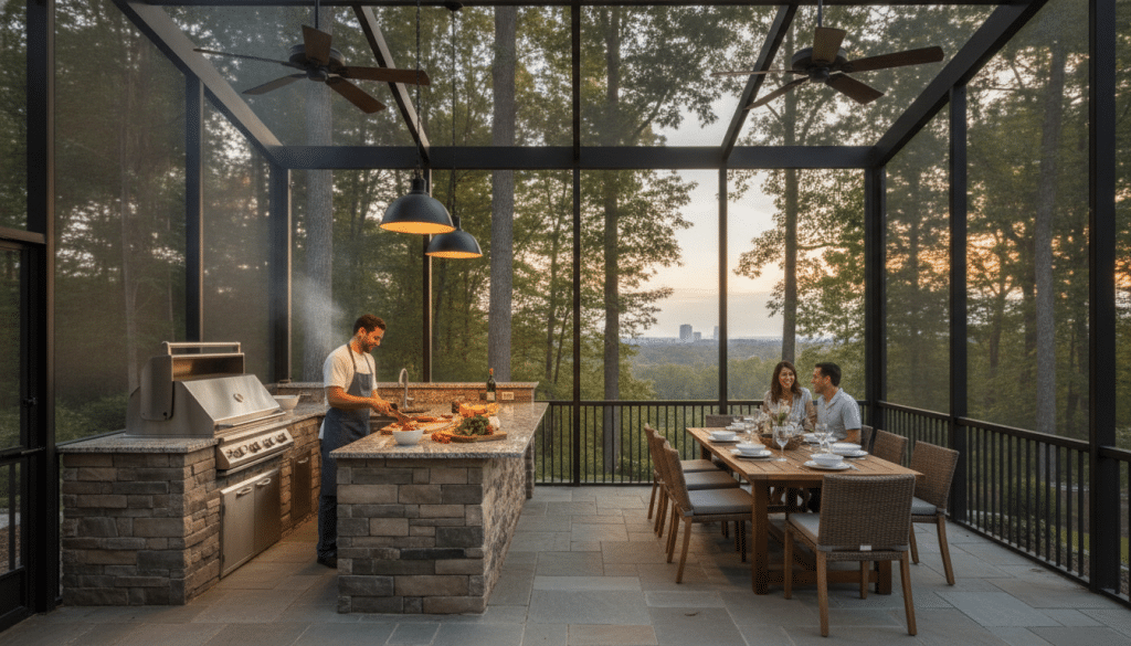 Screened outdoor kitchen and entertaining area in Knoxville with built-in grill counter space and dining furniture protected by patio screening