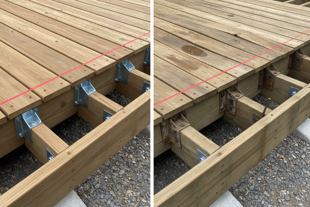 Side-by-side comparison showing quality versus poor deck construction details Side-by-side comparison showing quality versus poor deck construction details