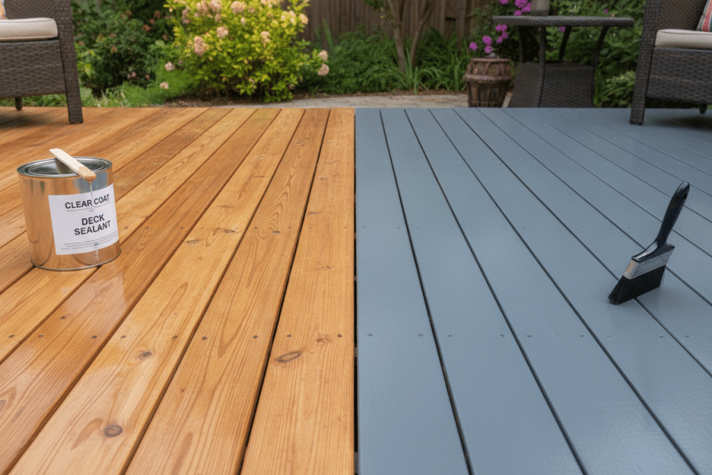 Split comparison showing stained deck versus painted deck finishes
