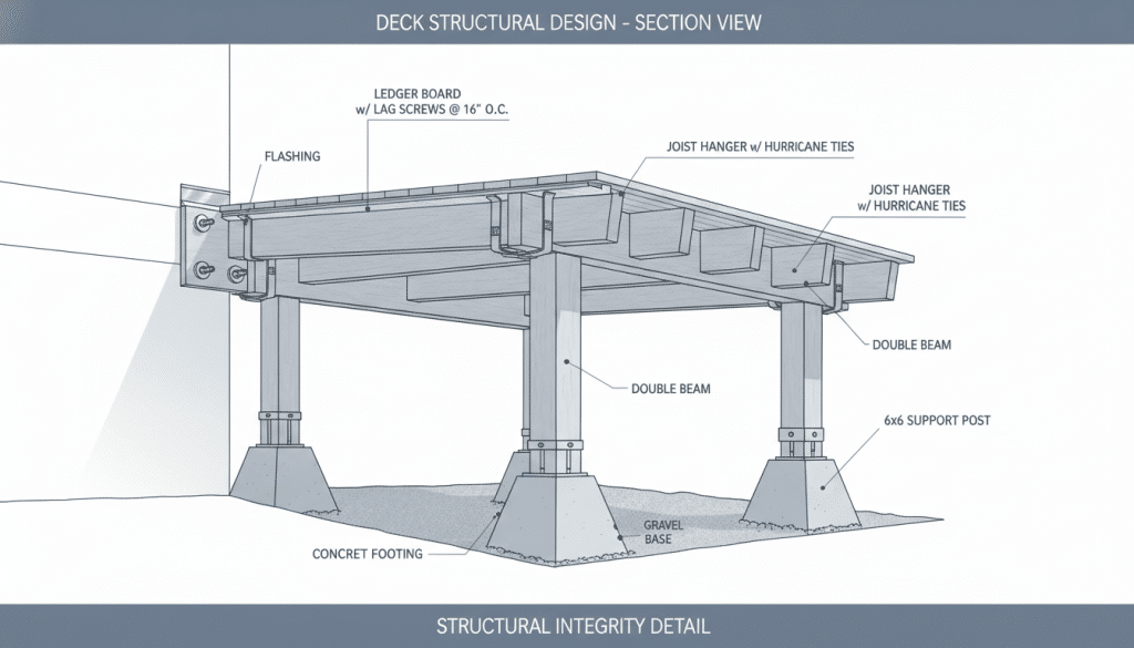 Structurally sound deck design showing proper joists, ledger board, and foundation for Knoxville climate Structurally sound deck design showing proper joists, ledger board, and foundation for Knoxville climate