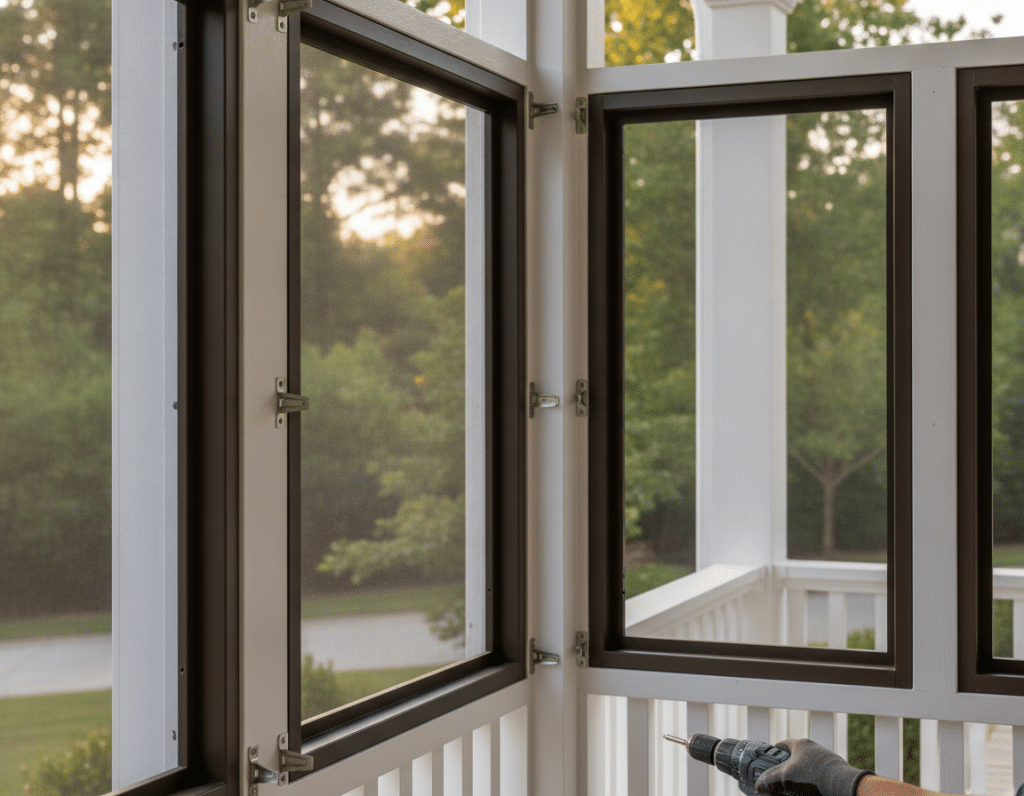 Traditional framed porch screening panels installed on a Knoxville porch showing individual screen frames and attachment to existing porch structure