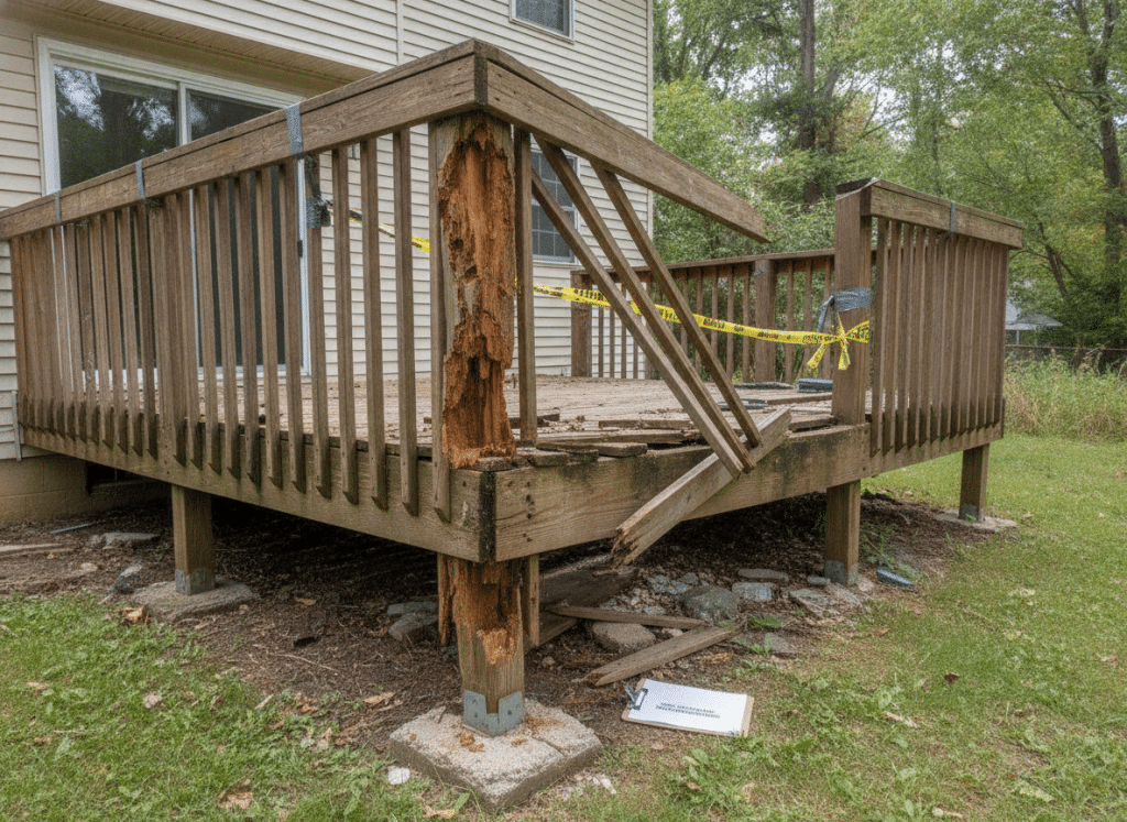 Unsafe deck showing structural damage with loose railing and rotted support posts requiring immediate repair Unsafe deck showing structural damage with loose railing and rotted support posts requiring immediate repair