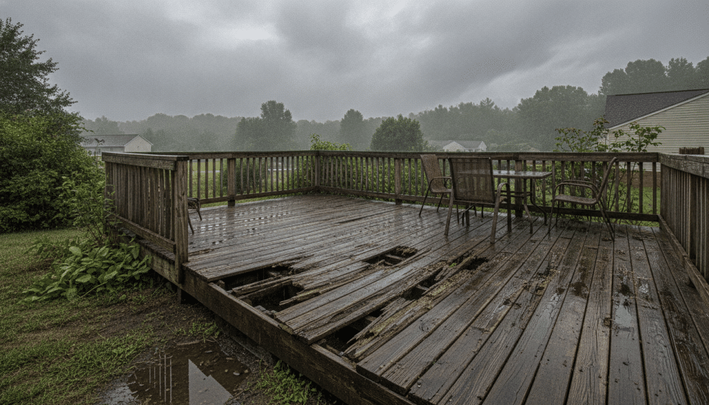 Weathered deck showing moisture damage and rot common in humid East Tennessee climate Weathered deck showing moisture damage and rot common in humid East Tennessee climate