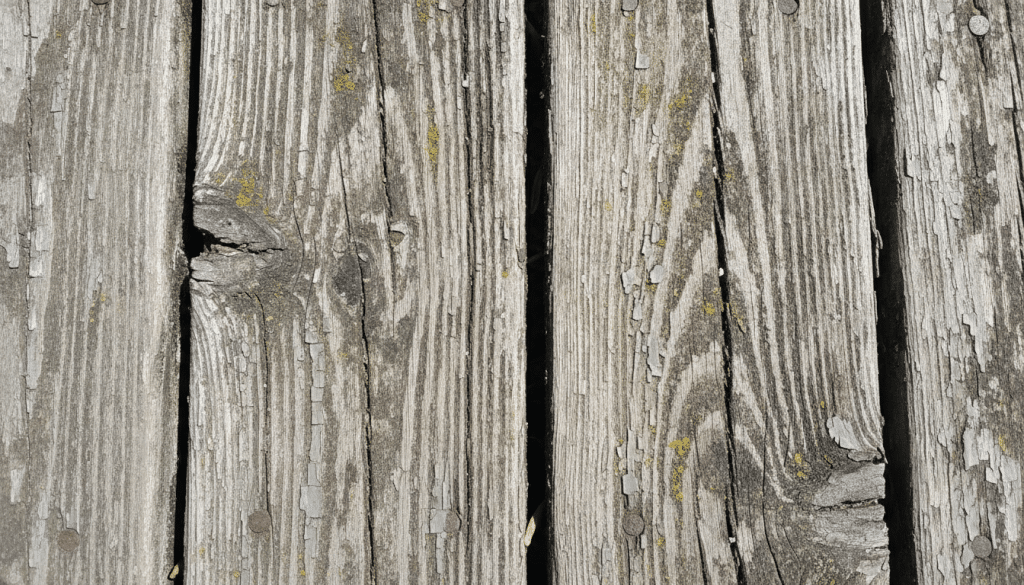 Weathered gray deck boards before restoration and staining treatment