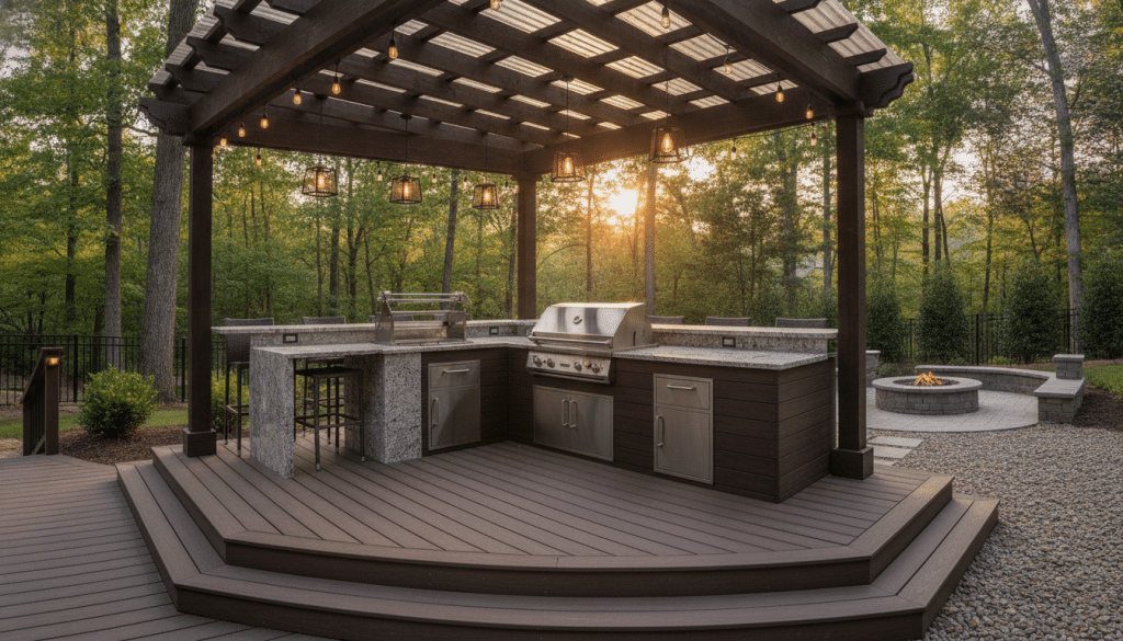 Knoxville Deck builders outdoor kitchen design integrated into custom deck with cooking and entertaining areas